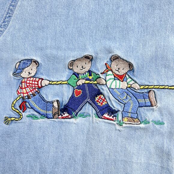 Vintage 90s Just My Size Denim Teddy Bear Tug of War Shirt Button Up Teacher - Picture 3 of 8